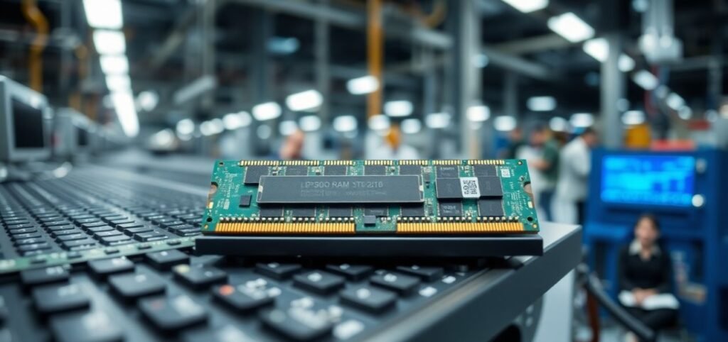 A computer RAM module rests on a keyboard in a factory setting, with people and industrial equipment visible in the blurred background.