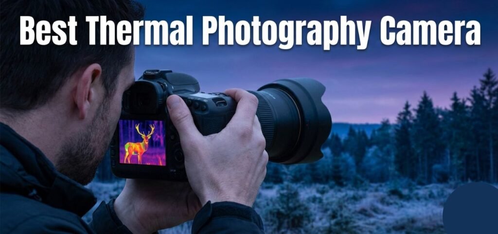 A person holds a camera displaying a thermal image of a deer in a forest with the text "Best Thermal Photography Camera" above.