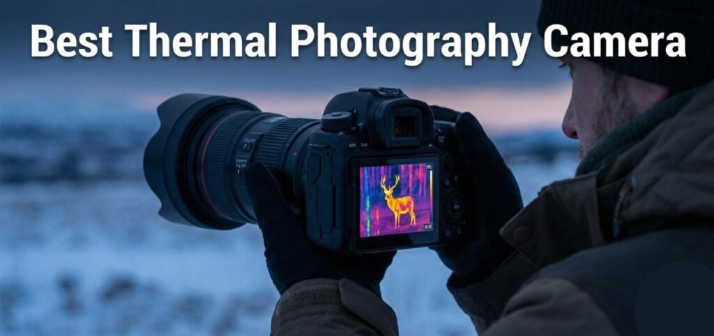A person holds a DSLR camera displaying a thermal image of a deer on its screen, with the text "Best Thermal Photography Camera" above.