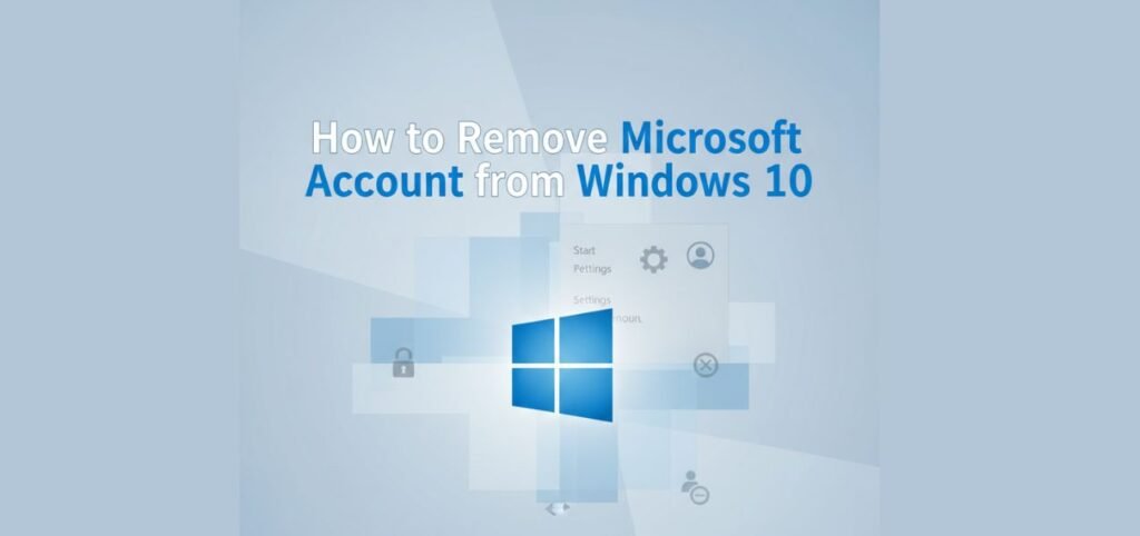 Text graphic titled "How to Remove Microsoft Account from Windows 10" with icons representing settings and account management.