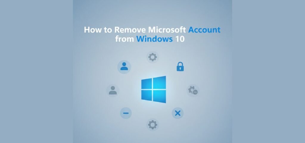 Graphic with the title "How to Remove Microsoft Account from Windows 10," featuring icons related to user settings and security.
