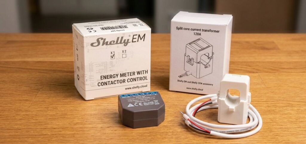 Shelly Energy Monitor Home Assistant kit shown with a split-core current transformer, energy meter module, and product packaging on a table.