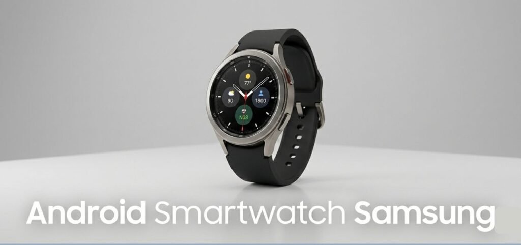 A Samsung Android smartwatch with a black strap is displayed on a white surface, featuring a round touchscreen with various health and activity icons.