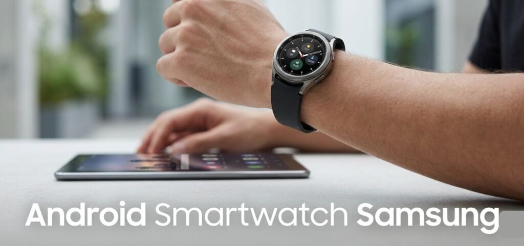 A person wearing a Samsung Android smartwatch interacts with a tablet on a table, with "Android Smartwatch Samsung" text overlaid at the bottom.