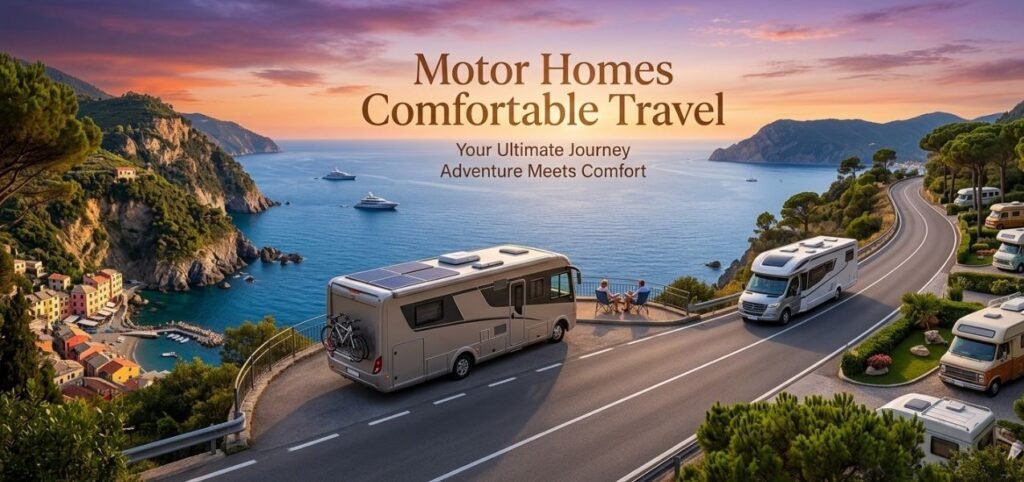 Two motor homes drive along a scenic coastal road with cliffs, greenery, and yachts in the sea under a partly cloudy sky. Text on image advertises comfortable motor home travel.