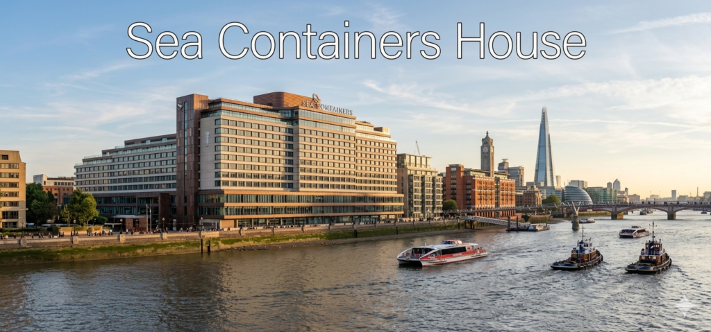 Sea Containers House building beside the River Thames in London, with boats on the water and the Shard skyscraper visible in the background.