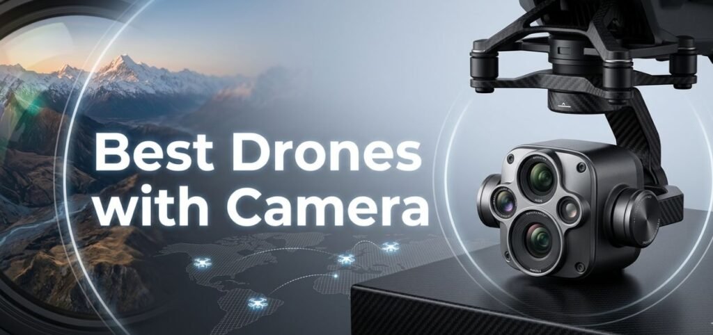 Close-up of advanced drone camera system with multiple lenses and scenic mountain background, titled "Best Drones with Camera."