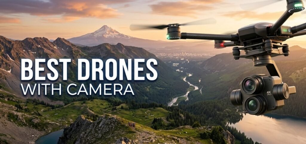 A camera drone flies over a scenic mountain landscape at sunset with the text "Best Drones With Camera" displayed on the left.