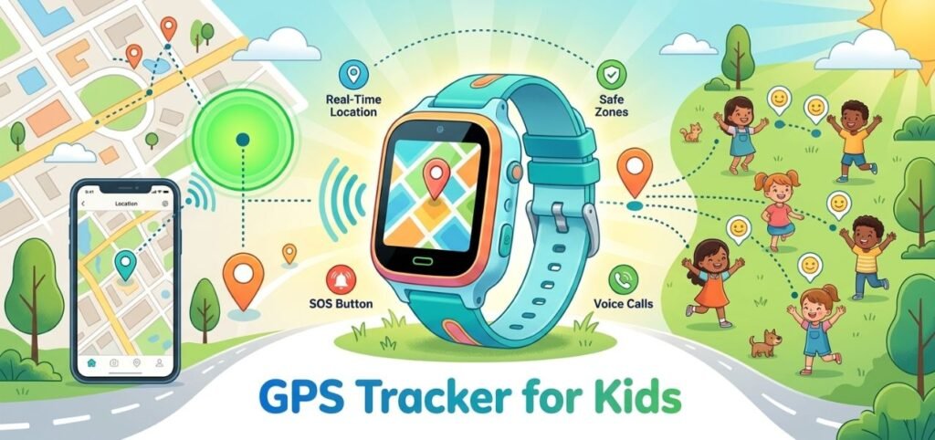 GPS tracker smartwatch for kids showing real-time location, safe zones, SOS button, and voice calls, connected to a smartphone app.