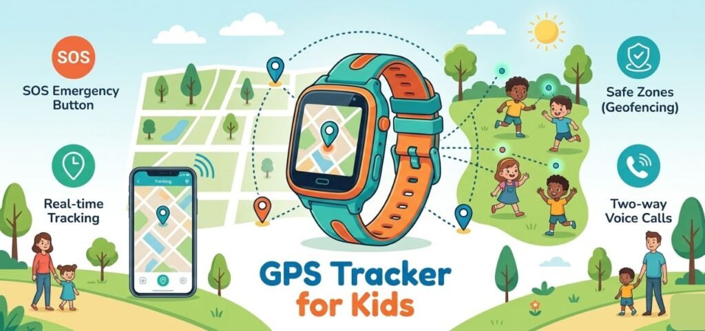 Illustration of a GPS tracker watch for kids with features: SOS button, real-time tracking, safe zones, and two-way voice calls.