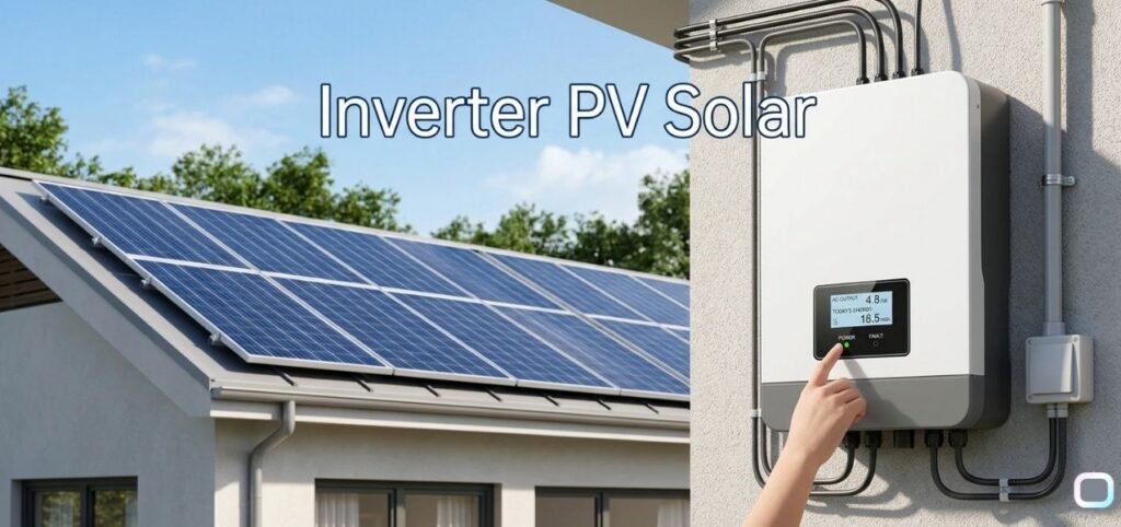 Hand adjusting a wall-mounted solar inverter with rooftop solar panels and trees in the background under a clear sky.