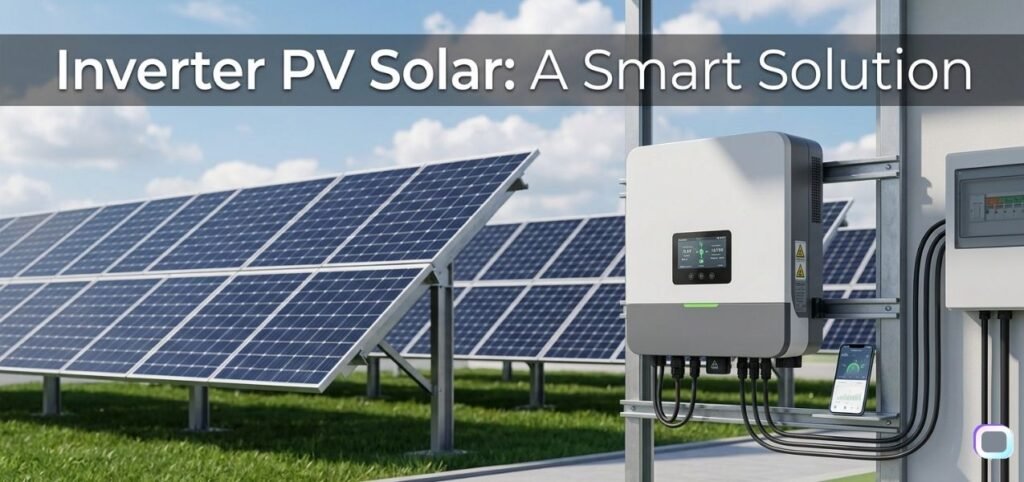 Solar panels and inverter system installed outdoors under a partly cloudy sky, emphasizing smart solar energy solutions.