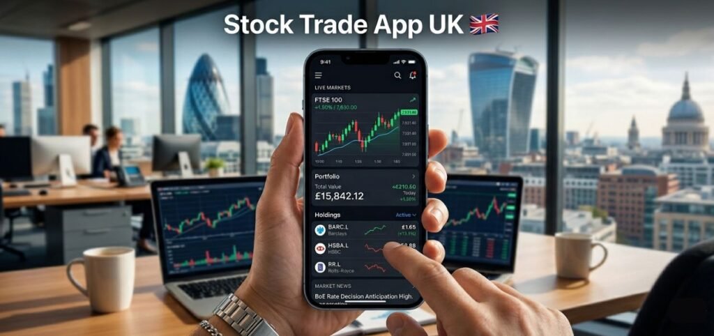Person using a stock trading app on a smartphone with London skyline visible through office windows.