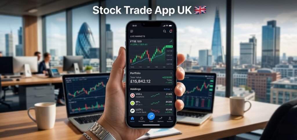 Hand holding a smartphone showing a UK stock trading app with market charts, portfolio value, and stock holdings in an office with city skyline.