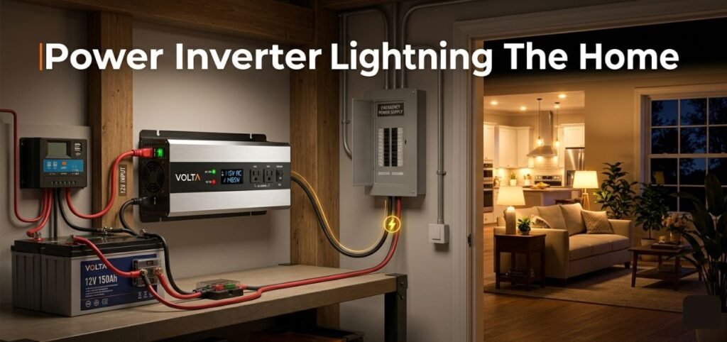 Power inverter setup connected to a battery and electrical panel, powering a warmly lit living room in the evening.