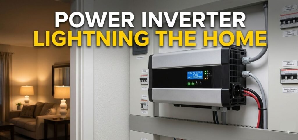 Power inverter installed on a home electrical panel with text "Power Inverter Lightning the Home" in bold white and yellow letters.