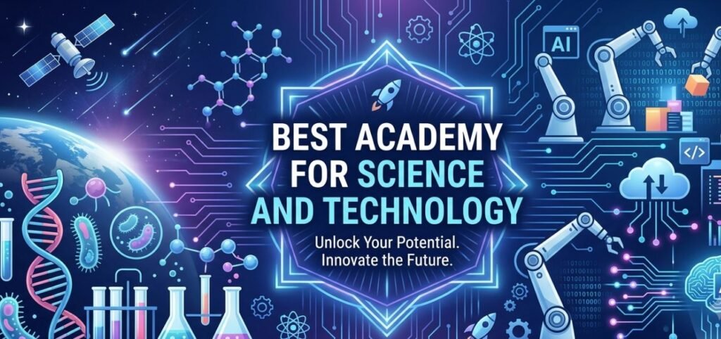 A digital illustration with scientific icons, robots, DNA strands, and coding symbols, with text: “Best Academy for Science and Technology. Unlock Your Potential. Innovate the Future.”.