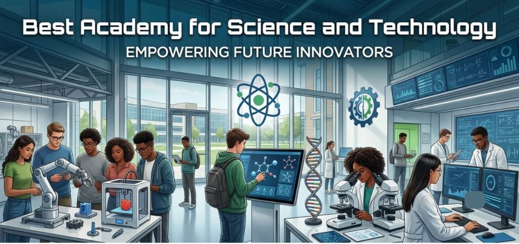 Students work in a modern science lab using microscopes, robots, and digital screens under a banner reading “Best Academy for Science and Technology—Empowering Future Innovators.”.