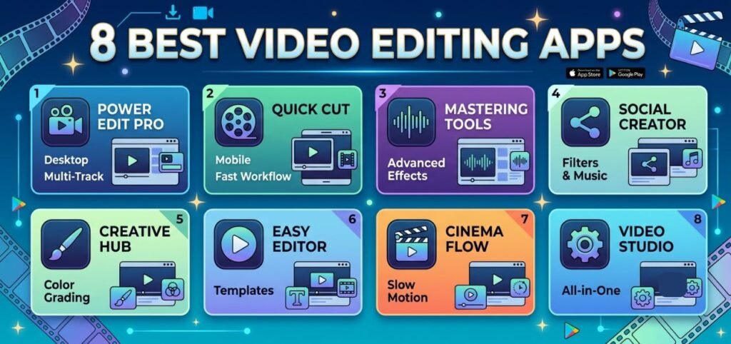 Graphic listing eight best video editing apps with features: Power Edit Pro, Quick Cut, Mastering Tools, Social Creator, Creative Hub, Easy Editor, Cinema Flow, Video Studio.