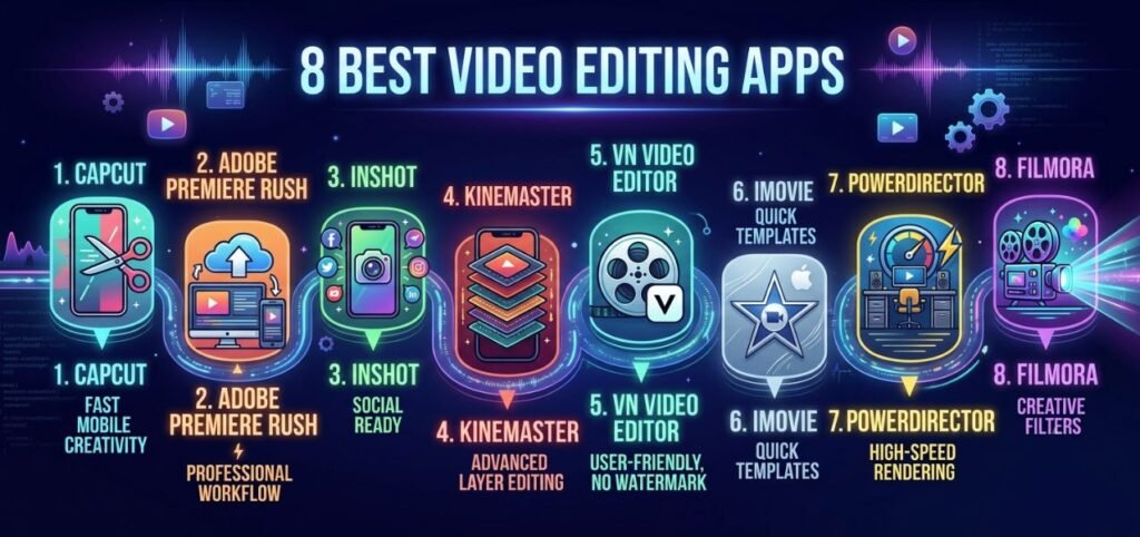 Infographic of the 8 best video editing apps with key features: CapCut, Adobe Premiere Rush, InShot, Kinemaster, VN Video Editor, iMovie, PowerDirector, Filmora.
