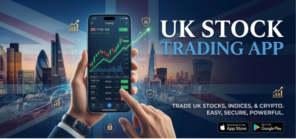 A hand holds a smartphone displaying a stock trading app, with the UK flag and London skyline in the background. Text promotes trading UK stocks, indices, and crypto.