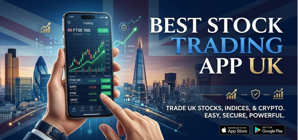 A hand holds a smartphone with a trading app displayed; London skyline and “Best Stock Trading App UK” text are in the background. App Store and Google Play logos are visible.