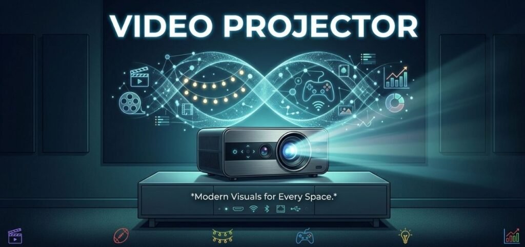 Modern video projector emitting light with icons representing entertainment, gaming, data, and connectivity, captioned "Modern Visuals for Every Space."