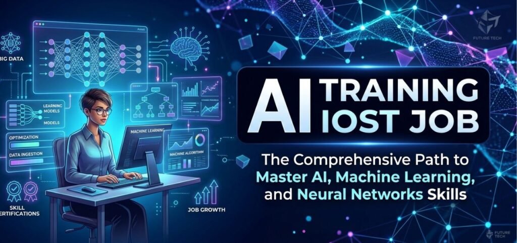 Illustration of a woman studying AI and machine learning, with neural network graphics and text promoting AI training and job skills.