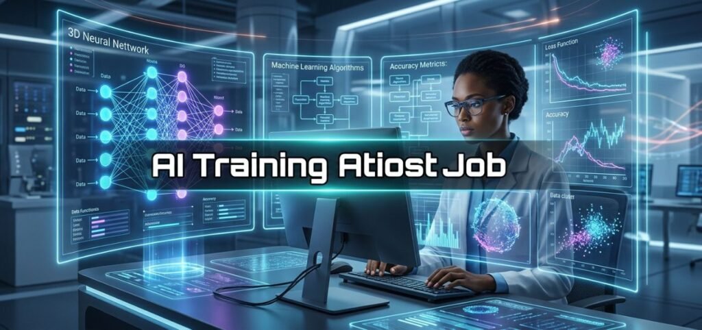 AI professional working at a computer surrounded by holographic neural network, machine learning, and accuracy metric displays.